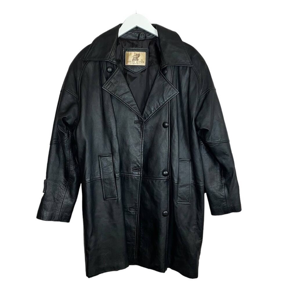 Vintage Genuine Leather Double Breasted Black Coat Long Jacket Biker Blazer  XL